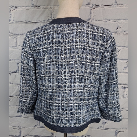 Robert Talbott Petite Women's Tweed Jacket Chambray Trim Blazer Navy Size 12P - Picture 9 of 16